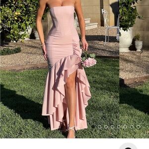 Pink Strapless Bodycon Dress with Ruffle Detail for Prom
